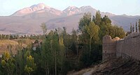 Arshoq Castle in Meshgin Shahr in foreground, Sabalan in background