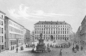 Brunkebergshotell 1858. Til venstre Hotel Coix og Dybeckska huset.