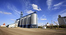 Looking down Railway Avenue. Although some of the original wooden grain elevators have been removed, some remain alongside newer steel structures. CarrotRiver RailwayAve 5883.jpg