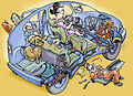 Cutaway drawing of hybrid car, showing engine and technical components.