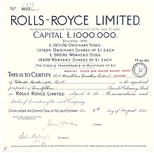 Aktie der Rolls-Royce Limited über 23 £ des Stammkapitals, ausgegeben am 8. August 1934. Die Aktie stammt aus der Kapitalerhöhung im November 1918 von 200.000 £ auf 1.000.000 £. Die mit Abstand älteste bekannte Rolls-Royce Aktie.