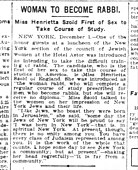 1904 article reporting Henrietta Szold's intention to pursue rabbinical studies without ordination (The Indianapolis News, December 1, 1904)