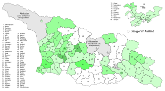 Stimmenanteile der Christdemokraten unter Giorgi Targamadse. Die Christdemokraten erzielten die höchsten Stimmenanteile in den westlichen Landesteilen (Imeretien, Gurien, Adscharien). ﻿0–5 % ﻿>5–10 % ﻿>10–15 % ﻿>15–20 % ﻿>20–25 %