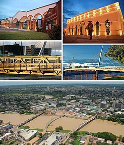 Rio Branco, Top left:Maternidade Park, Top right:Mercado Velho (Old Market) theme park, Middle left:JK Bridge, Middle right:A walkway in Passarela Joaquim Macedu theme park, Bottom:Panorama view of Acre River and downtown Benjamin Constant area