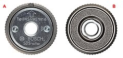 Schnellspannmutter (M14) für kleine Winkelschleifer vom Benutzer aus gesehen (A) und von der Seite der Scheibe gesehen (B)