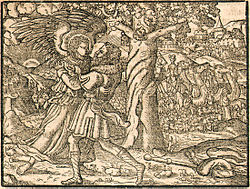 Jacob struggles with the angel, Wutenberg Bible (1558)