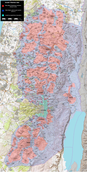 מפת יהודה ושומרון מחולקת לאזורים: A+B באדום. C בכחול. מזרח ירושלים בתכלת.