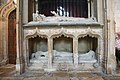 The cadaver tomb of Bishop Richard Fleming in Lincoln Cathedral. He is depicted as if alive at the top; the lower effigy shows his decaying corpse in a shroud (1431).