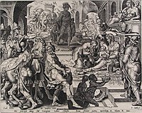 Philips Galle (after Maarten van Heemskerck). Adoration of the Magi circa 1570 date QS:P,+1570-00-00T00:00:00Z/9,P1480,Q5727902 . engraving. 20.1 × 25.5 cm (7.9 × 10 in). Rotterdam, Museum Boijmans Van Beuningen.