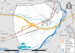 Carte en couleur présentant le réseau hydrographique de la commune