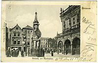 Postcard of Bremen from circa 1905, showing Roland and the marketplace.