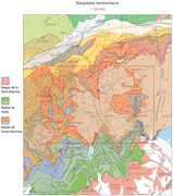 Carte des nappes. La nappe de Siviez-Mischabel représente la région en creux de vallée, là où se trouvent les villages, tandis que la nappe de Tsaté représente le fond de la vallée et certains sommets. La nappe de la Dent Blanche se situe tout au sud, là où sont les plus hautes montagnes.