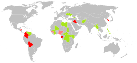 ICC investigations and examinations, as of March 2022
Green: Official investigations (Uganda, DR Congo, Central African Republic I + II, Darfur (Sudan), Kenya, Libya, Cote d'Ivoire, Mali, Georgia, Burundi, Afghanistan, Palestine, Venezuela I, Bangladesh/Myanmar, Philippines, Ukraine)
Orange: Authorization to open investigation requested (none at present)
Light red: Ongoing preliminary examinations (Nigeria, Guinea, Venezuela II)
Dark red: Closed preliminary examinations that have not resulted in an investigation (Colombia, Iraq, Honduras, South Korea, Comoros (registered vessels), Gabon, Bolivia) ICC investigations.png