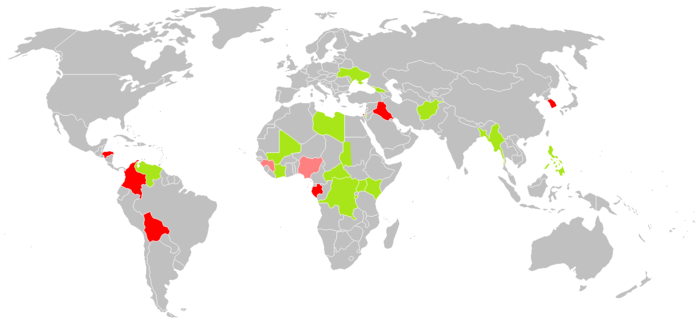 Map of countries where the ICC is currently investigating situations