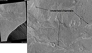 Inverted Channels near Juventae Chasma. Channels were once regular stream channels. Scale bar is 500 meters long. Location is Coprates quadrangle.