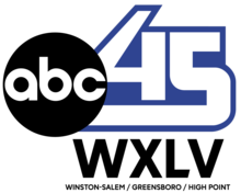 A white, somewhat futuristic 45 in white with blue trim with the ABC logo to the left, and beneath, the call sign W X L V - T V. Beneath that is a listing "Winston-Salem/Greensboro/High Point".