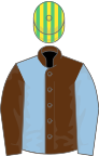 Brown and light blue (halved), sleeves reversed, emerald green and yellow striped cap