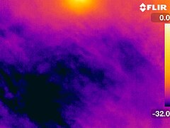 22 ° ഹാലോയ്ക്ക് ചുറ്റുമുള്ള ഐസ് പരലുകൾക്ക് കാരണമാകുന്ന അന്തരീക്ഷ താപനില, ഒരു താപ ക്യാമറയിലൂടെ (°C) കാണുന്നു. ഹാലോ തന്നെ താപ സ്പെക്ട്രത്തിൽ ഇല്ല. ചിത്രത്തിന്റെ മുകളിൽ സൂര്യൻ ഭാഗികമായി ദൃശ്യമാണ്.