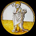 St. Peter holding a key and a printed book. Stained glass (white glass, grisaille and silver sulfide) and lead, France, ca. 1500–1510