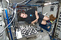 O astronauta Chamitoff joga xadrez no módulo Harmony.