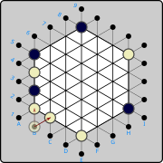 (3a) White introduces another piece on B1 again, but now is blocked from pushing to B2  (W)B1×B2 , since that would push the Black piece at B5 out of play. The only legal push from B1 now is to C2  (W)B1→C2  as shown by the solid arrow.