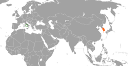 Map indicating locations of Holy See and South Korea