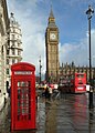 Image 34Three cultural icons of London: a K2 red telephone box, Big Ben and a red double-decker bus (from Culture of London)