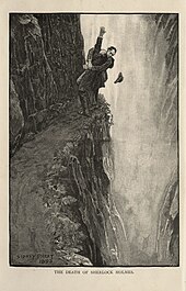 Holmes and Moriarty wrestling at the end of a narrow path, with Holmes's hat falling into a waterfall