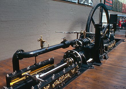 Stationary steam engine from Swannington Incline. Note the tail rod and secondary crosshead SwanningtonEngine 01.jpg