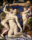 Bronzino, Venus, Cupid, Folly and Time (c. 1545): The deities of love are surrounded by personifications of (probably) Time (a bald, man with angry eyes), Folly (the young woman-demon on the right, possibly also so old woman on the left), and others.