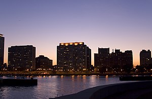 Looking across Belmont Harbor toward Lakeview