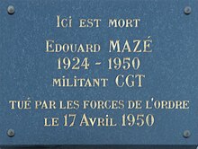 Plaque commémorative posée à l’endroit où Edouard Mazé fut tué, au 7, rue Kerabecam à Brest