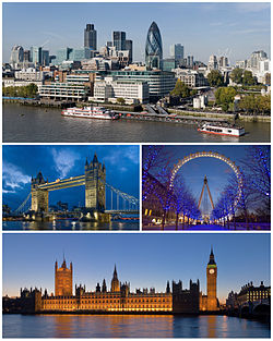 Az óramutató járásával megegyezően: a City of London, a London Eye, a Westminster-palota és a Tower Bridge