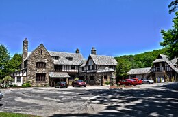 Stone and half-timbered two-story building