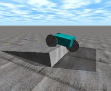 A simple vehicle driving over a ramp. This demo is distributed with the ODE source code (demo_buggy). ODE buggy.png