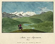 "Andes near Alparmarca, Peru: Sketched from an Elevation of 16,000 Feet", ilustração proveniente da porção sul americana da Expedição de Exploração dos Estados Unidos, digitalmente restaurada