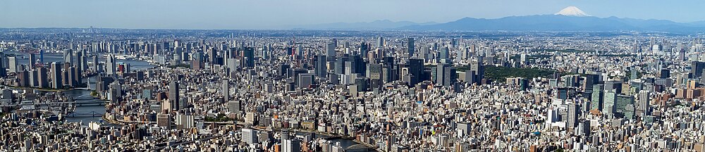 Panorama vido de la urbo vidanta de la pinto de Tokyo Sky Tree je 2015