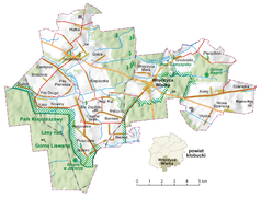 Mapa konturowa gminy Wręczyca Wielka, blisko centrum na lewo znajduje się punkt z opisem „Kościół pw. św. Jackaw Borze Zapilskim”