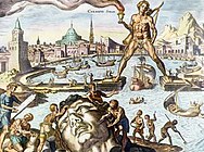 Philips Galle (after Maarten van Heemskerck). Colossus of Rhodes 1572. engraving. Various collections.