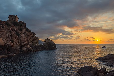 The genoese tower of Porto in sunset, Ota, Corsica, France