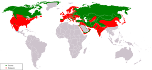 Vivteritorio de lupo ĉirkaŭ jaro 2000: verde: nuntempa, ruĝe: pasinta