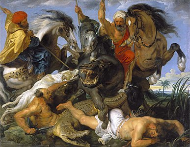 Hipopotama ĉasado (1616). Rubens estas konata pro la frenezeca energio kaj karna bolado de liaj pentraĵoj.