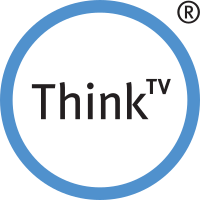 A white circle with a thick sky blue outline. Inside the circle are the words "Think TV", with the TV stylized in superscript. A registered trademark symbol exists outside the circle in the upper right corner.