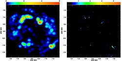 MERLIN（左）とe-VLBI（右）で観測した、わし座V1302星周囲のOHメーザーの画像。出典: Joint Institute for VLBI in Europa (JIVE)[1]