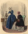 Fashion plate showing coat, muff and bonnets, from La Mode, 1848