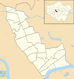 Mapa konturowa gminy Kensington and Chelsea, po lewej nieco na dole znajduje się punkt z opisem „Kensington (Olympia)”