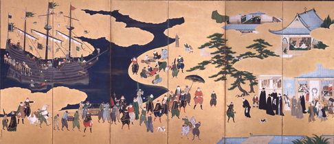 Nanban trade by Kanō Naizen, c. 1600. The screen shows foreigners arriving at a shore of Japan.