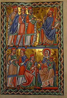 The document compares the choice between Christ vs the New Age to the choice the three wise men from the East made between Child Jesus vs King Herod, shown here from the 13th century Psalter of St. Louis. Saint Louis Psalter 17 recto.jpg