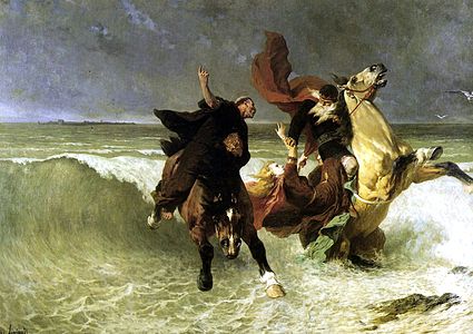 La fugida del rei Gradlon, segons Évariste-Vital Luminais, c. 1884, conservat al Museu de Belles Arts de Quimper. Aquesta pintura representa una famosa escena de la llegenda de la vila d'Ys