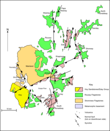 A map of the geology of Orkney. Hoy to the southwest is predominantly formed from Hoy/Eday Sandstones. The Mainland at centre is largely Stromness flagstones with Rousay flagstones to the east. The North and South Isles are a mixture of Eday and Rousay sandstones.